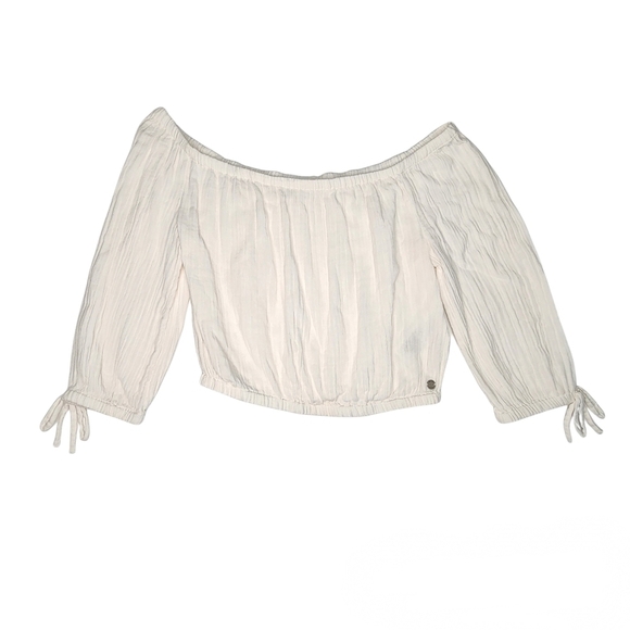 Roxy Crop Top Off the Shoulder 3/4 Sleeve White Bali Shore Gauze Cotton Logo - Picture 7 of 13
